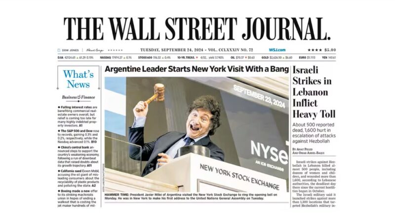 La visita de Milei a Nueva York llegó a la portada de The Wall Street Journal