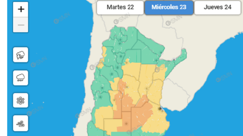 El SMN emitió un alerta amarilla para Entre Ríos para este miércoles 23