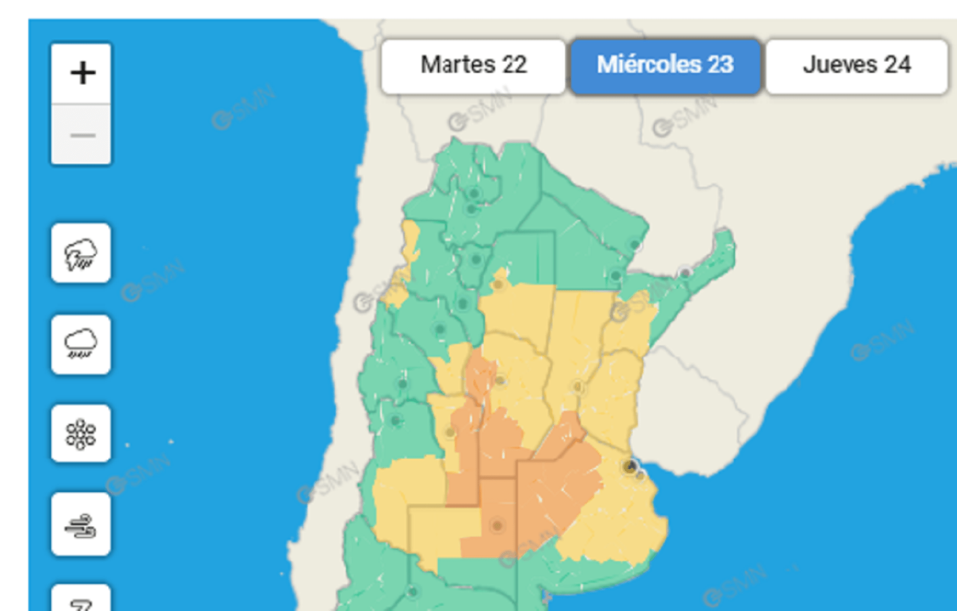 El SMN emitió un alerta amarilla para Entre Ríos para este miércoles 23