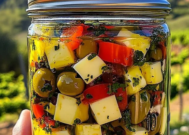 Tarro de queso y aceitunas marinado