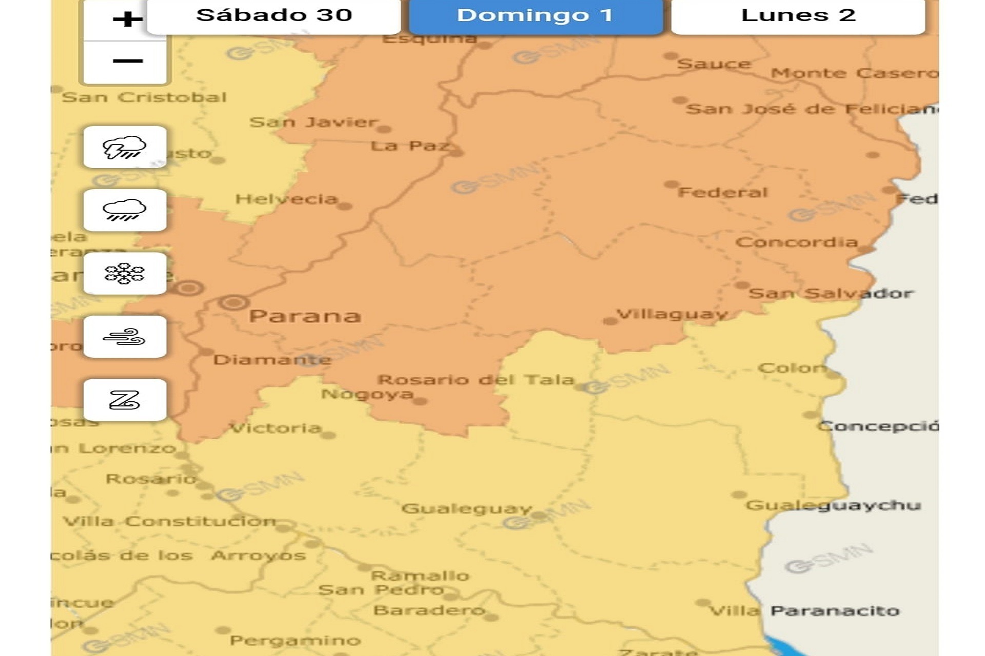 El Servicio Meteorológico Nacional emitió alerta naranja y amarillo por tormentas para este domingo