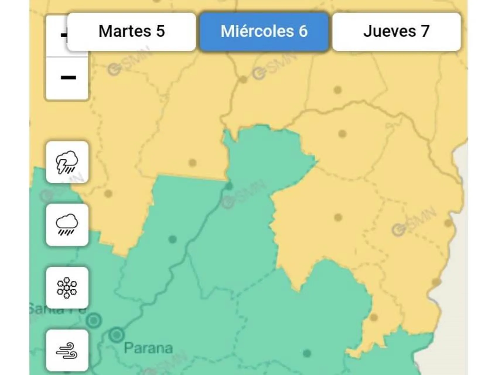 Rige una alerta amarilla para este miércoles en algunos departamentos