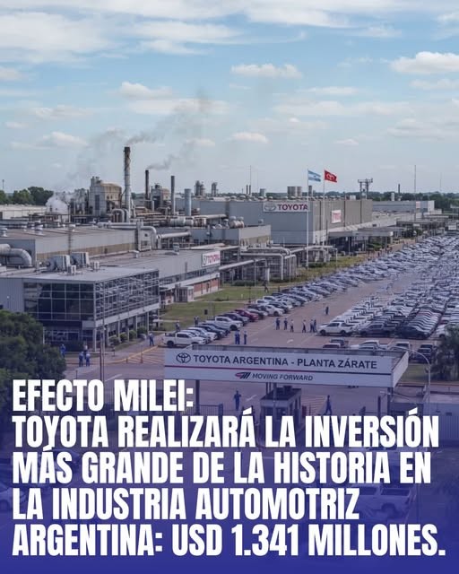 EFECTO MILEI: TOYOTA REALIZARÁ LA INVERSIÓN MÁS GRANDE DE LA HISTORIA EN LA INDUSTRIA AUTOMOTRIZ ARGENTINA CON USD 1.341 MILLONES
El Comité Evaluador aprobó el ingreso al RIGI del proyecto de Toyota en Zárate, provincia de Buenos Aires. La inversión contempla una nueva planta para producir un vehículo 100% electrificado, una tecnología que actualmente no se fabrica en el país.
El proyecto prevé exportaciones por USD 1.280 millones anuales, equivalentes a cerca del 70% de su producción. Además, generará más de 3.600 empleos durante la construcción y más de 2.600 puestos directos e indirectos durante la etapa de operación.