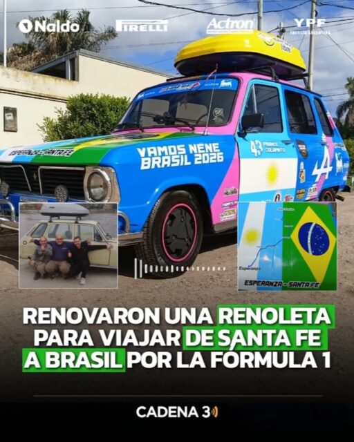 EL SUEÑO DE LOS PIBES PARA VER A COLAPINTO 🙌

Hernán Bonvín, Claudio Goddio y Pablo Quaino se preparan para viajar desde Esperanza hasta Brasil en un viejo Renault restaurado por ellos mismos 🚗

La idea nació casi como una broma durante un asado entre amigos, pero terminó convirtiéndose en un proyecto que los llevará por ruta hasta el circuito de Interlagos para ver correr a Franco Colapinto 📍

La intención es partir el lunes previo a la carrera y completar el trayecto de 2200 kilometros entre Esperanza y San Pablo aproximadamente en tres días, aunque saben que el comportamiento de un vehículo de estas características puede modificar cualquier planificación 🗺️

El objetivo será realizar 700 kilómetros por día y evitar conducir de noche. Además, llevan elementos para acampar y cocinar para que el viaje sea una experiencia inolvidable 🧑‍🍳

La bautizaron como la Alpine A527, y está ploteada con los colores del auto de Colapinto y con las banderas argentina y brasileña 🇦🇷-🇧🇷 

El anhelo de este grupo es que Franco Colapinto les envíe un saludo y las esperanzas radican en que el papá de Franco, Aníbal, ya está al tanto de la movida de estos tres amigos santafesinos 👋