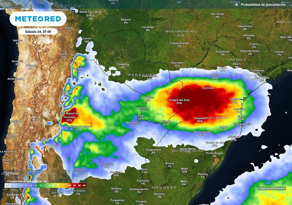 Probabilidad de precipitaciones durante el próximo sábado según mapas propios basados en nuestro modelo de confianza ECMWF