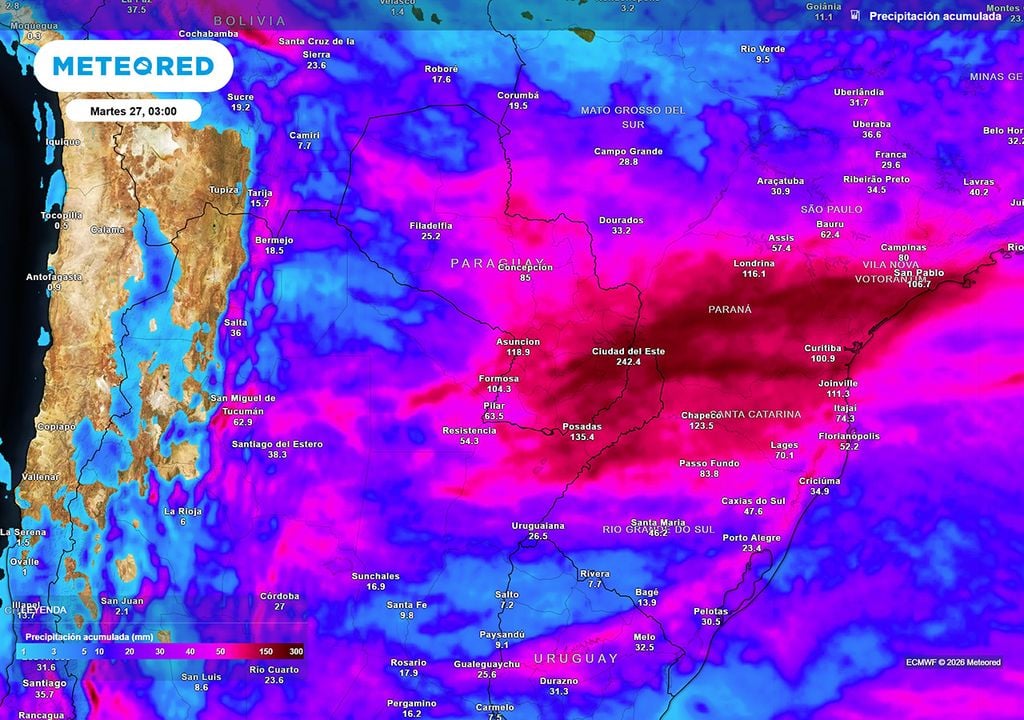 Acumulados de lluvia previstos hasta el próximo martes según nuestro modelo de referencia ECMWF