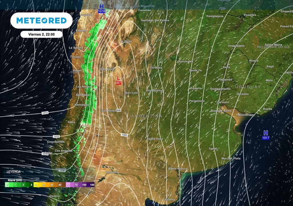 El viernes 2, mientras el zonda se espera que llegue al lado argentino, nuevas nevadas se suma sobre la cordillera desde Neuquén hacia Cuyo y parte del noroeste argentino.